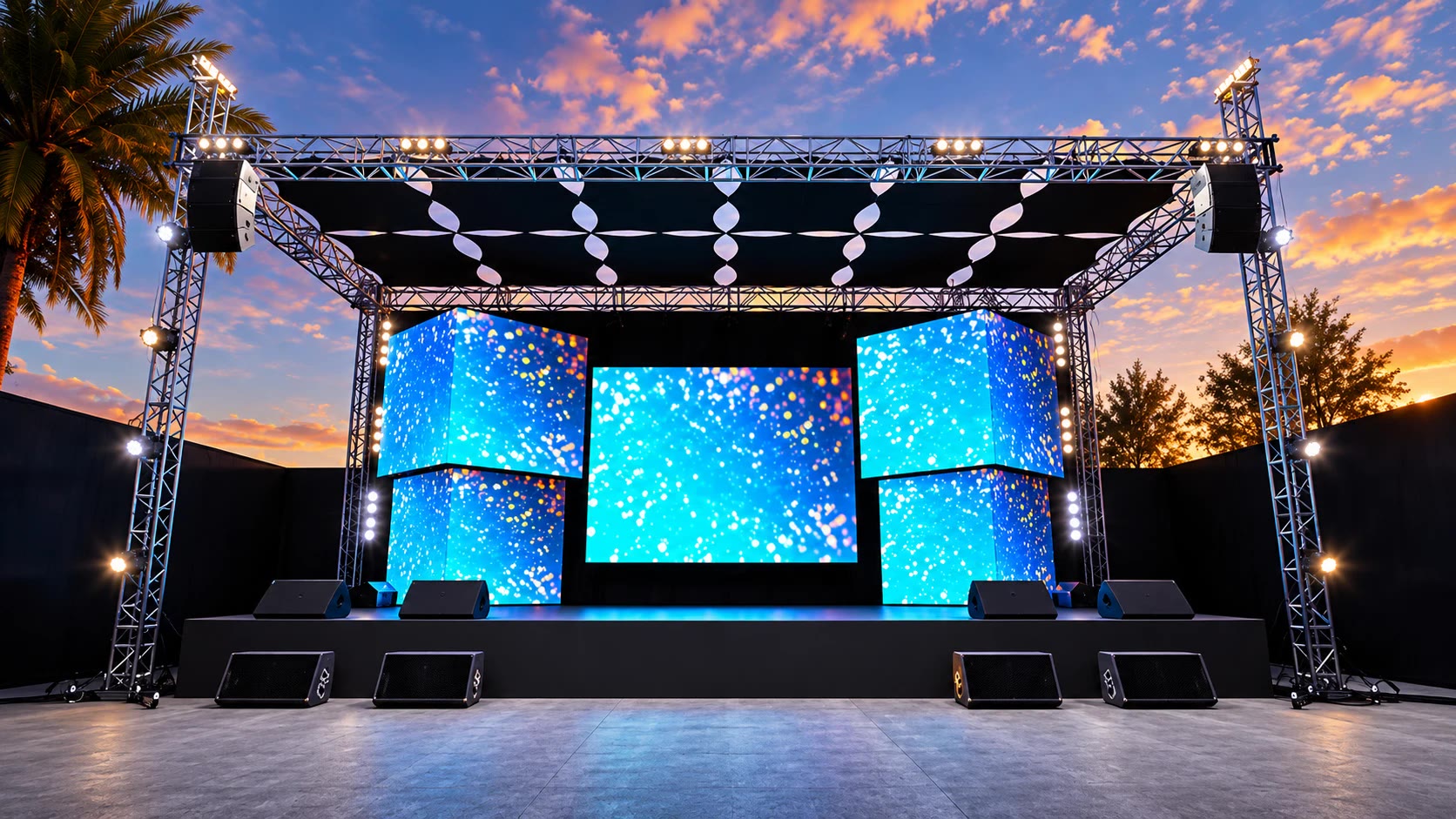 Outdoor event stage with LED screens and LED cubes on a lit truss at sunset