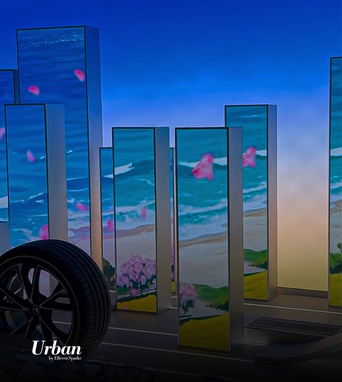 Freestanding LED pillars showing a beach scene