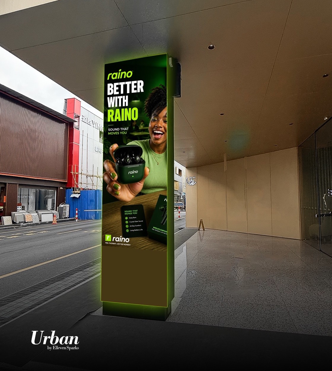 Raino earbuds advert on an indoor LED totem