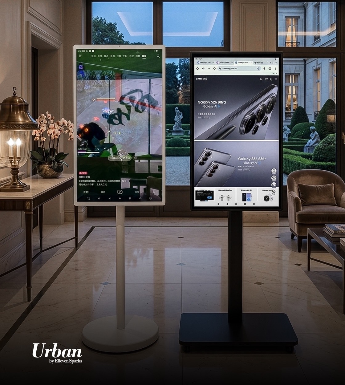 Two smart screens in a hotel lobby