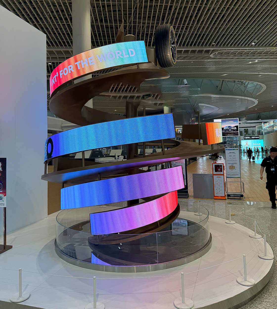 Spiral LED ribbon screen in an exhibition hall